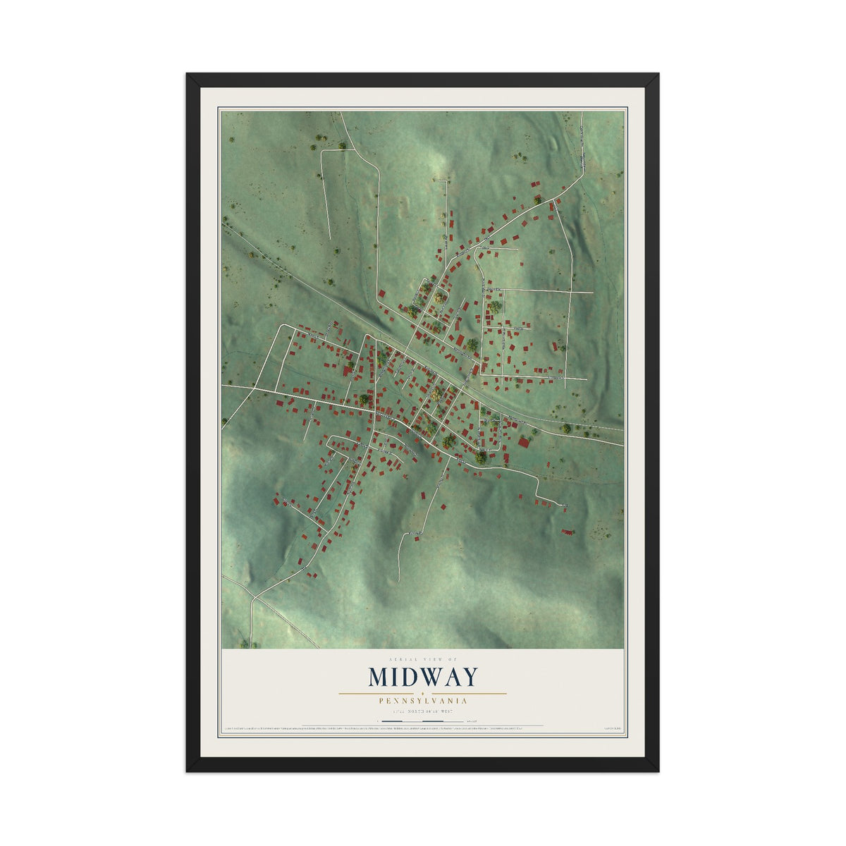 Map of Midway, Pennsylvania, 12 x 18 inch print in a black wood frame