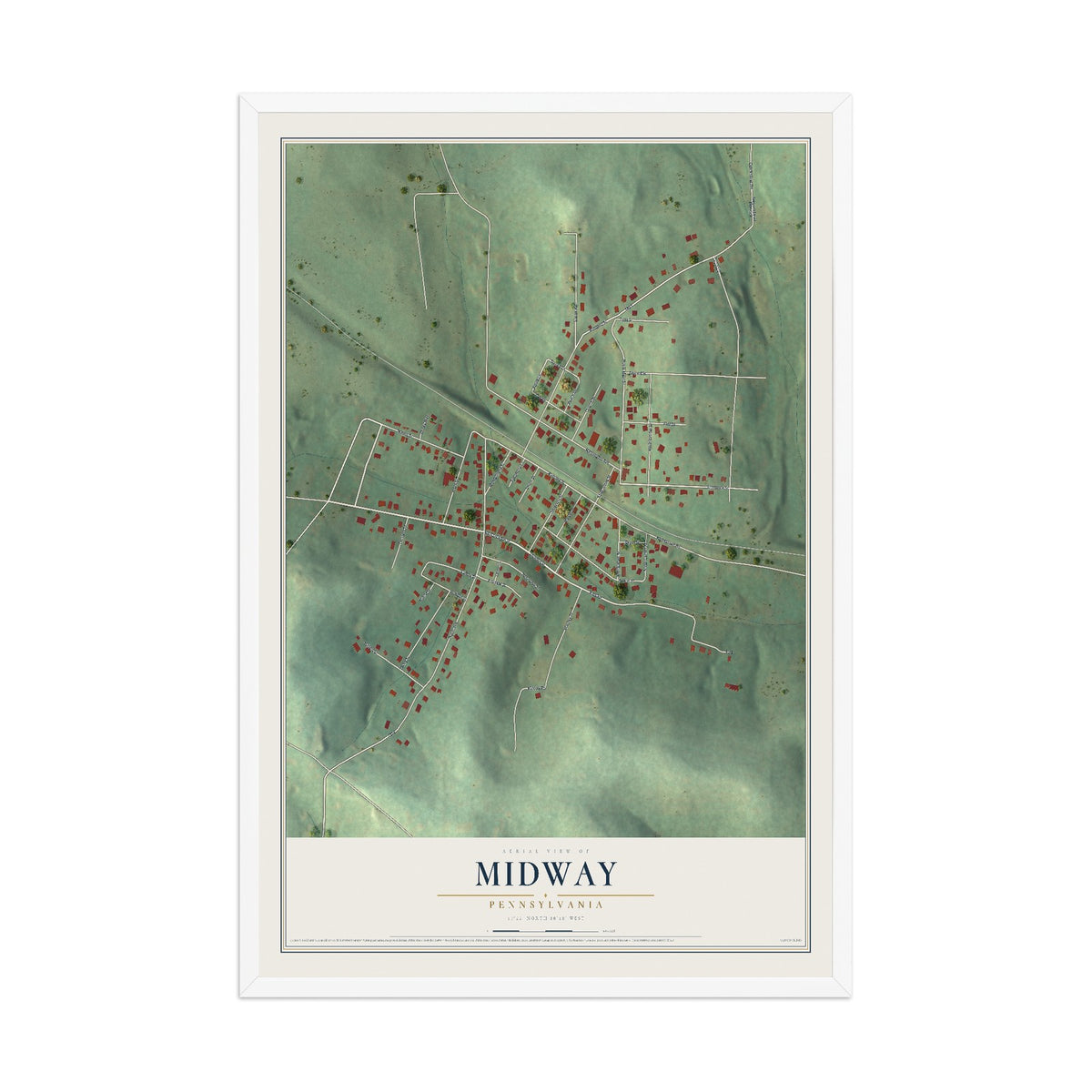 Map of Midway, Pennsylvania, 12 x 18 inch print in a white wood frame