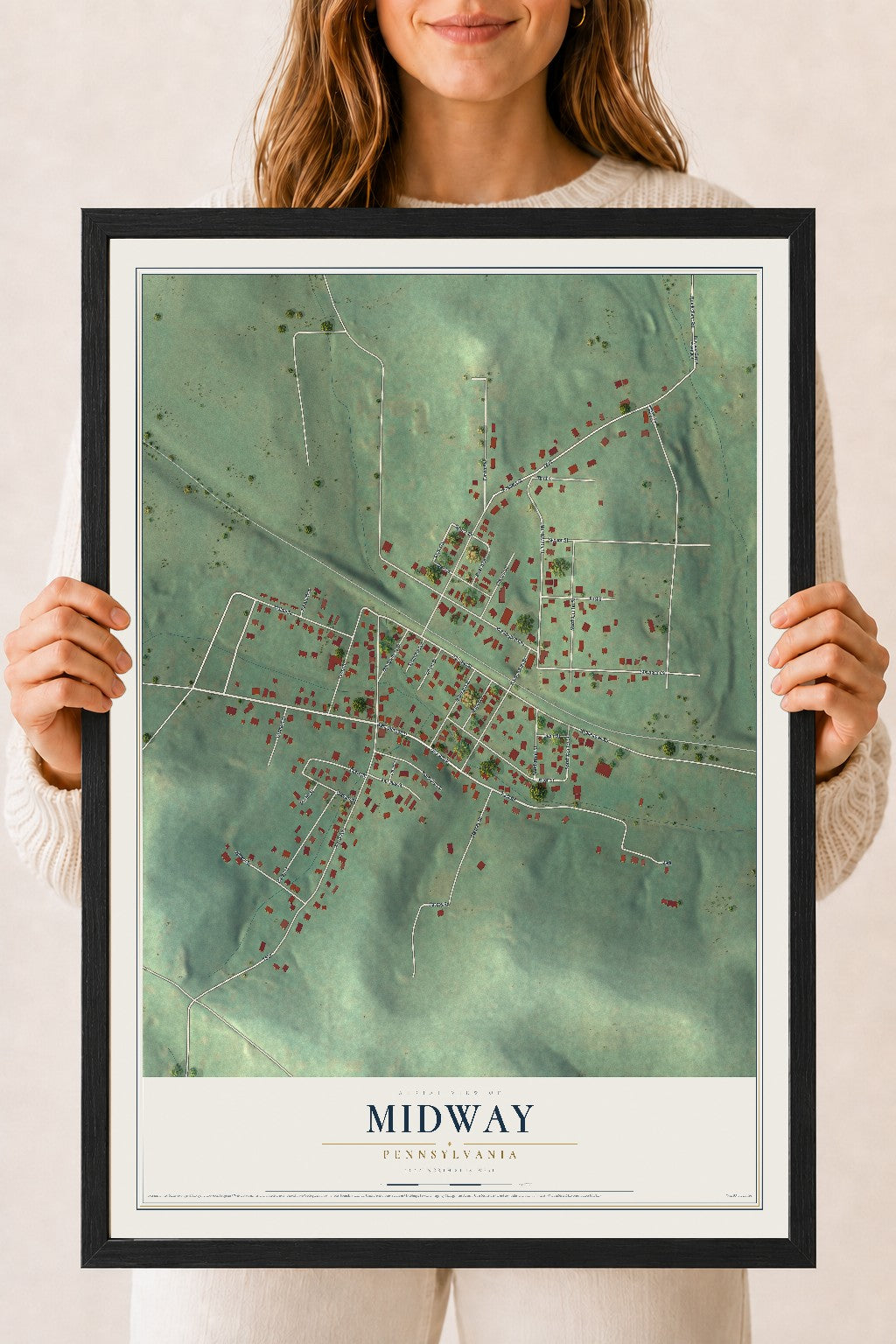 Map of Midway, Pennsylvania, 18 x 24 inch print in a black wood frame