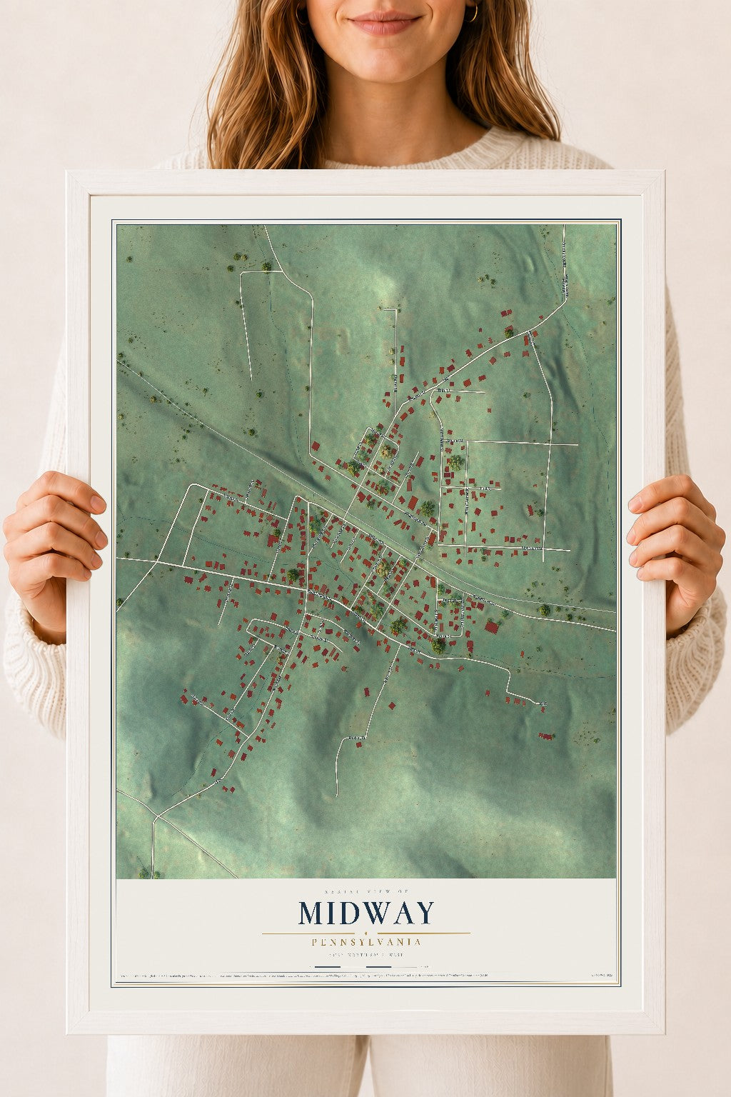 Map of Midway, Pennsylvania, 18 x 24 inch print in a white wood frame