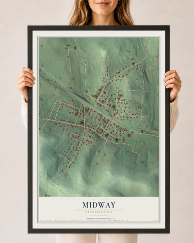 Map of Midway, Pennsylvania, 24 x 36 inch print in a black wood frame