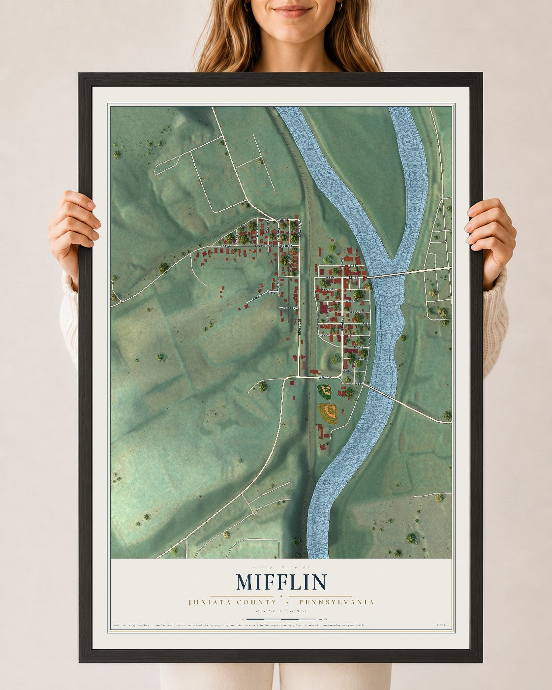 Map of Mifflin, Juniata County, Pennsylvania, 24 x 36 inch print in a black wood frame