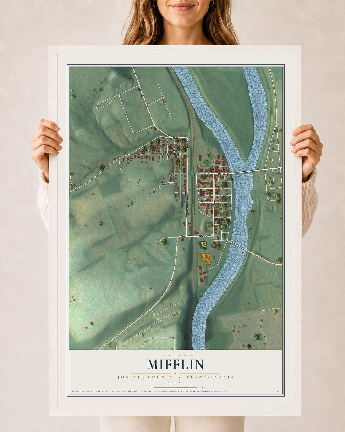Map of Mifflin, Juniata County, Pennsylvania, 24 x 36 inch print in a white wood frame