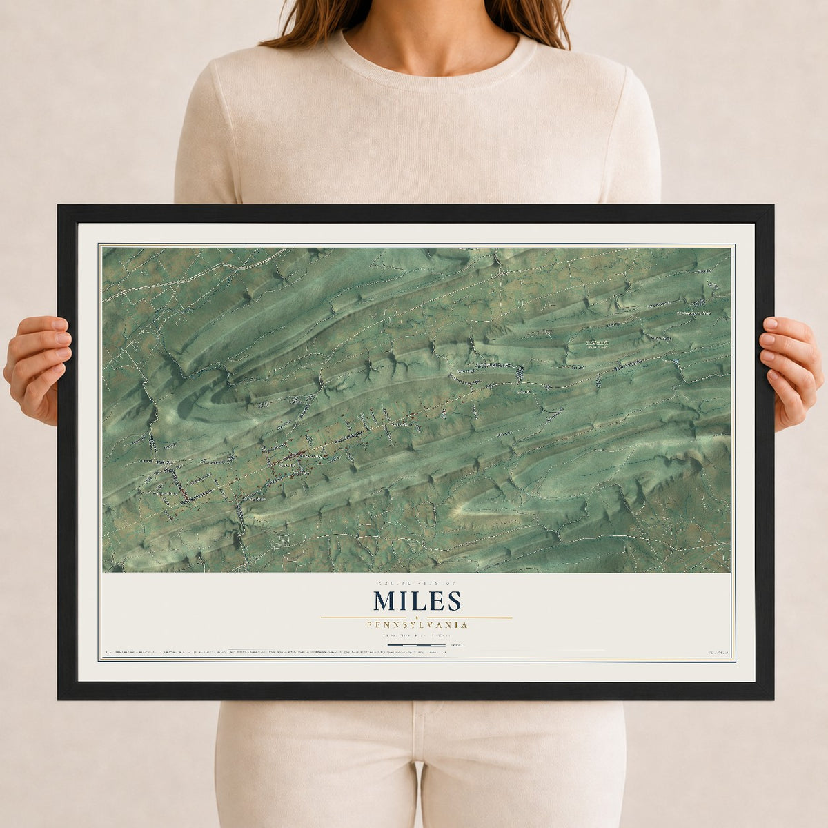 Map of Miles, Pennsylvania, 12 x 18 inch print in a black wood frame