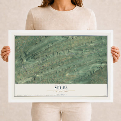 Map of Miles, Pennsylvania, 12 x 18 inch print in a white wood frame