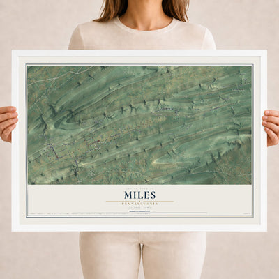 Map of Miles, Pennsylvania, 18 x 24 inch print in a white wood frame