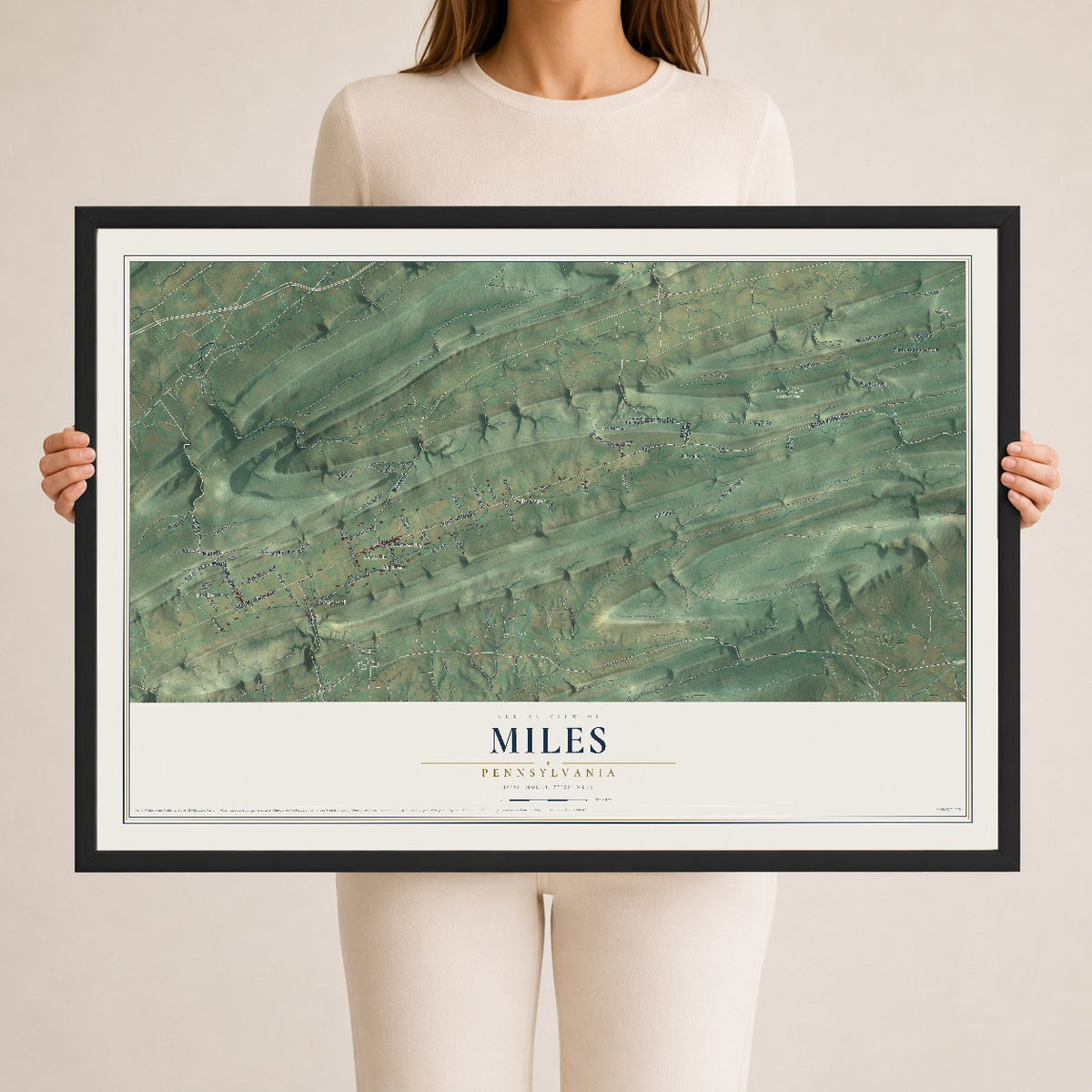 Map of Miles, Pennsylvania, 24 x 36 inch print in a black wood frame