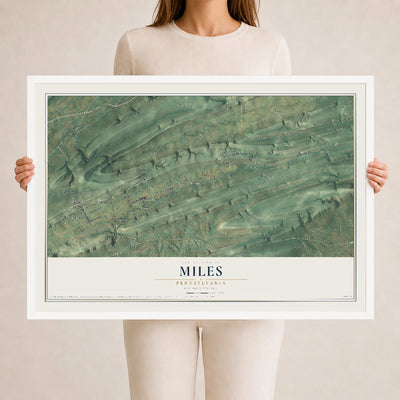 Map of Miles, Pennsylvania, 24 x 36 inch print in a white wood frame