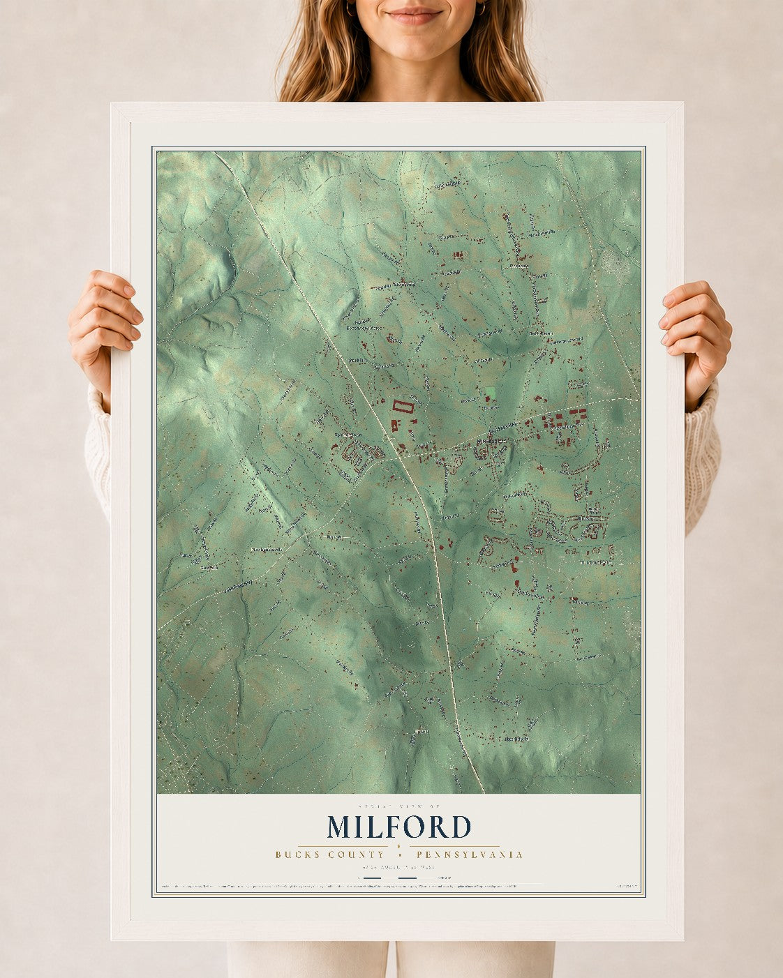 Map of Milford, Bucks County, Pennsylvania, 24 x 36 inch print in a white wood frame