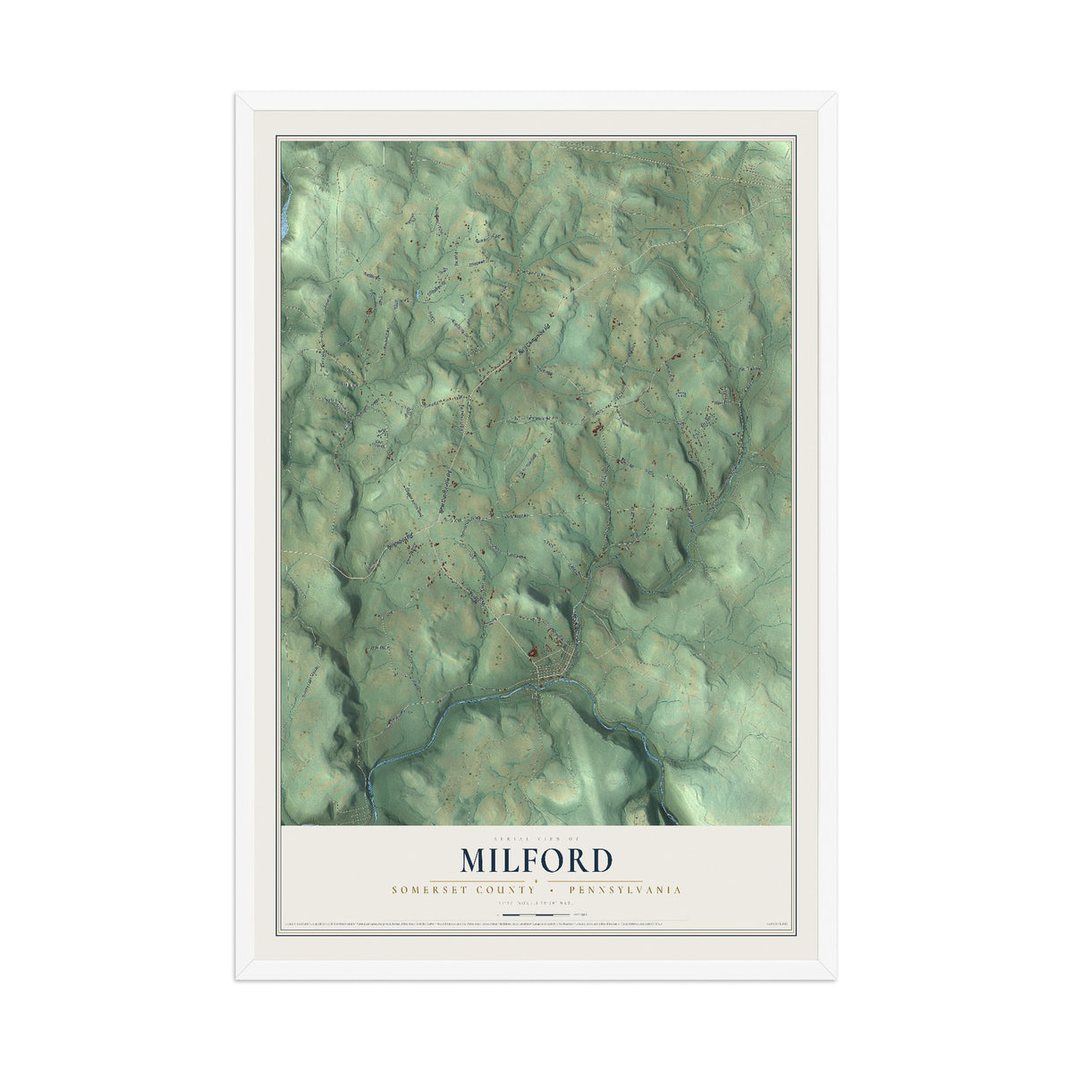 Map of Milford, Somerset County, Pennsylvania, 12 x 18 inch print in a white wood frame