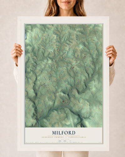 Map of Milford, Somerset County, Pennsylvania, 24 x 36 inch print in a white wood frame