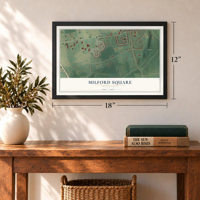 Milford Square, Pennsylvania map, 12 x 18 inch print in a black frame in an entryway
