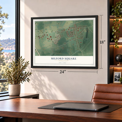 Milford Square, Pennsylvania map, 18 x 24 inch print in a black frame in a home office