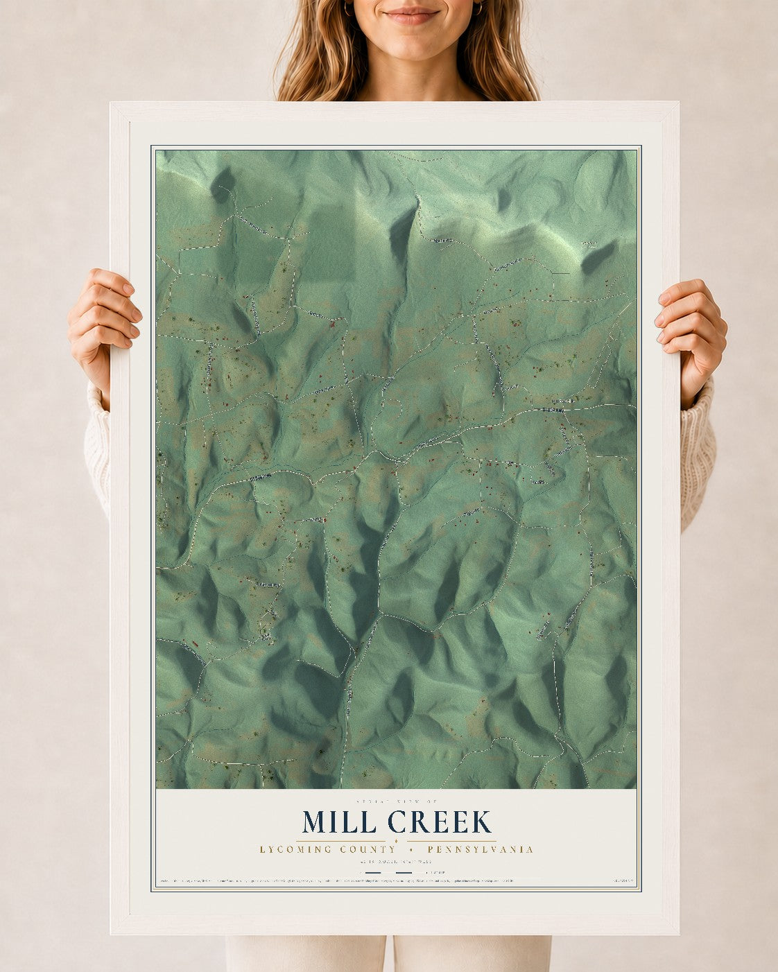 Map of Mill Creek, Lycoming County, Pennsylvania, 24 x 36 inch print in a white wood frame