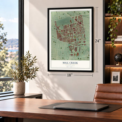 Mill Creek, Philadelphia, Pennsylvania map, 18 x 24 inch print in a black frame in a home office