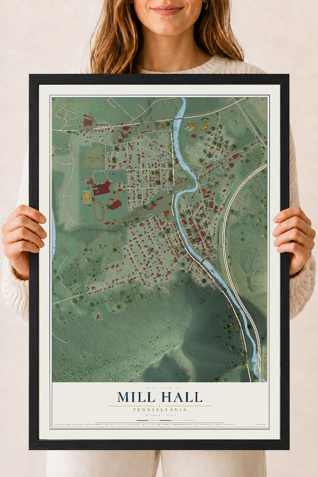 Map of Mill Hall, Pennsylvania, 18 x 24 inch print in a black wood frame