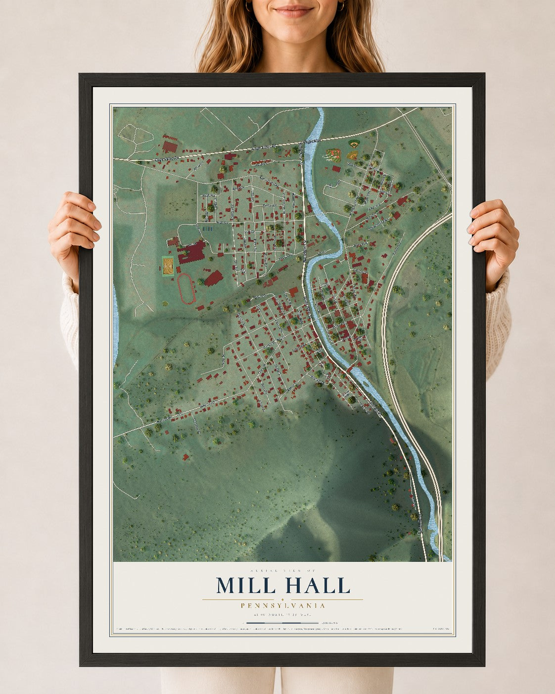 Map of Mill Hall, Pennsylvania, 24 x 36 inch print in a black wood frame