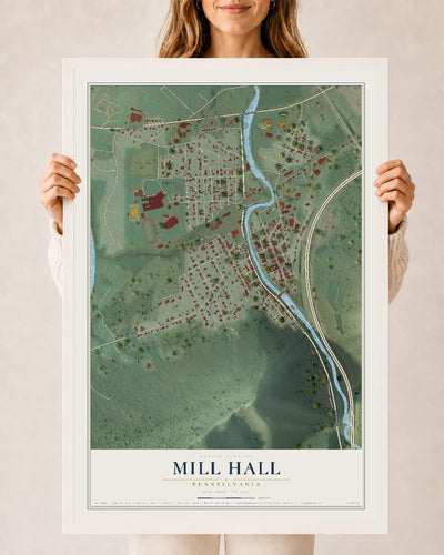 Map of Mill Hall, Pennsylvania, 24 x 36 inch print in a white wood frame