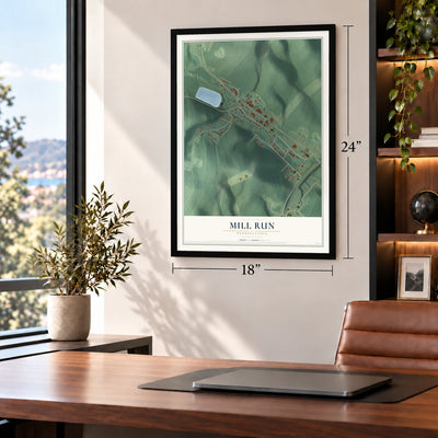 Mill Run, Pennsylvania map, 18 x 24 inch print in a black frame in a home office
