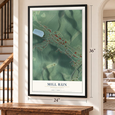 Mill Run, Pennsylvania map, 24 x 36 inch print in a black frame by a staircase