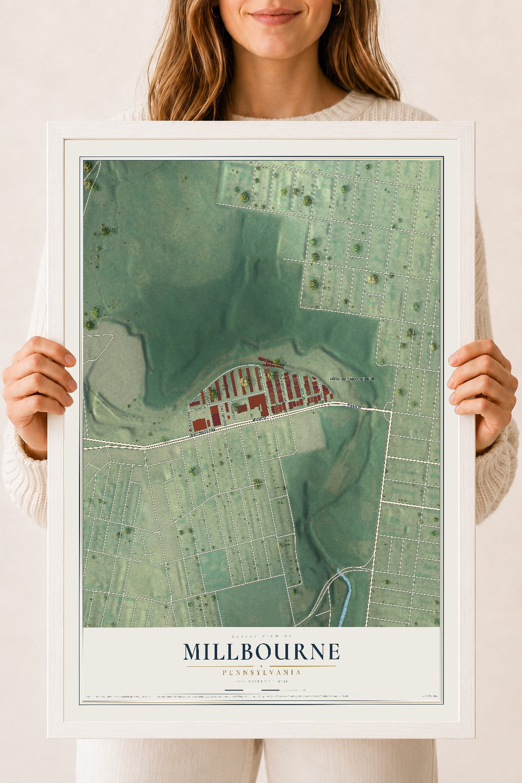Map of Millbourne, Pennsylvania, 18 x 24 inch print in a white wood frame