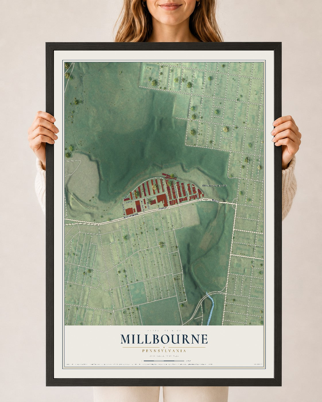 Map of Millbourne, Pennsylvania, 24 x 36 inch print in a black wood frame