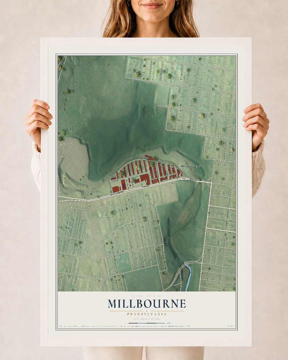 Map of Millbourne, Pennsylvania, 24 x 36 inch print in a white wood frame