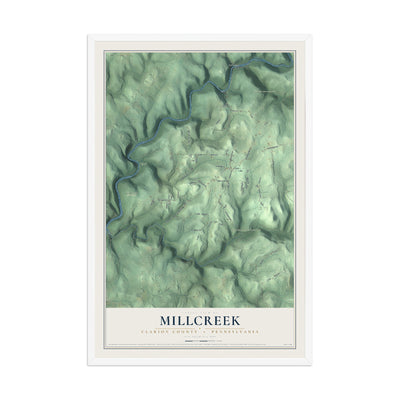 Map of Millcreek, Clarion County, Pennsylvania, 12 x 18 inch print in a white wood frame