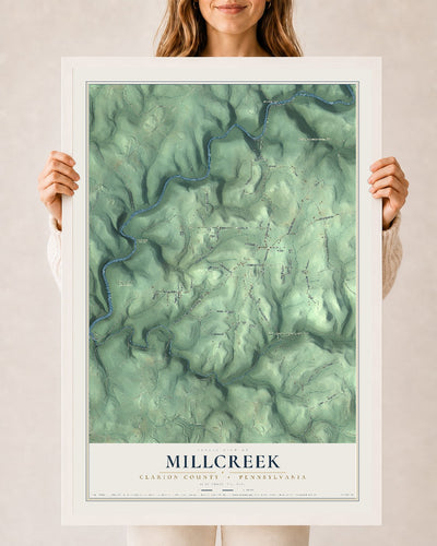 Map of Millcreek, Clarion County, Pennsylvania, 24 x 36 inch print in a white wood frame