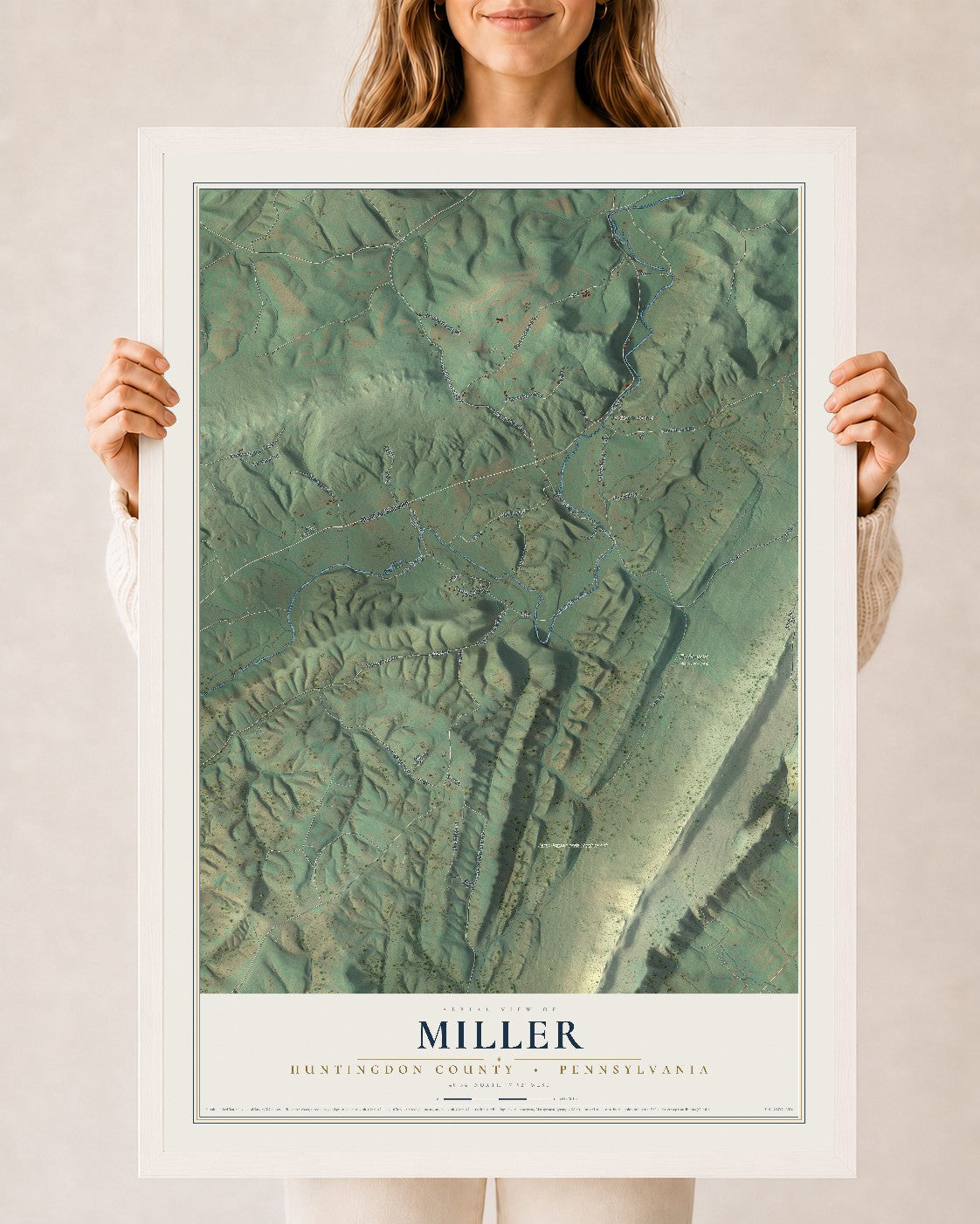Map of Miller, Huntingdon County, Pennsylvania, 24 x 36 inch print in a white wood frame