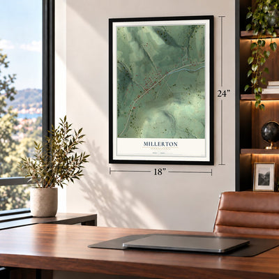 Millerton, Pennsylvania map, 18 x 24 inch print in a black frame in a home office