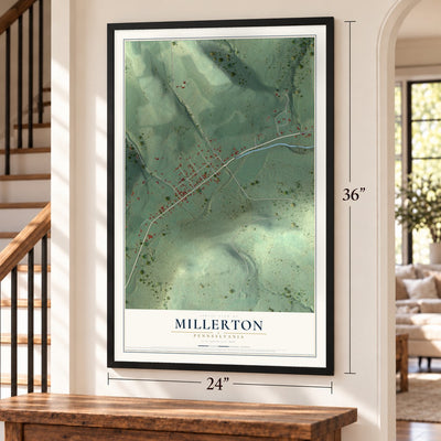 Millerton, Pennsylvania map, 24 x 36 inch print in a black frame by a staircase