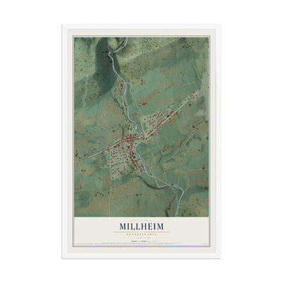 Map of Millheim, Pennsylvania, 12 x 18 inch print in a white wood frame