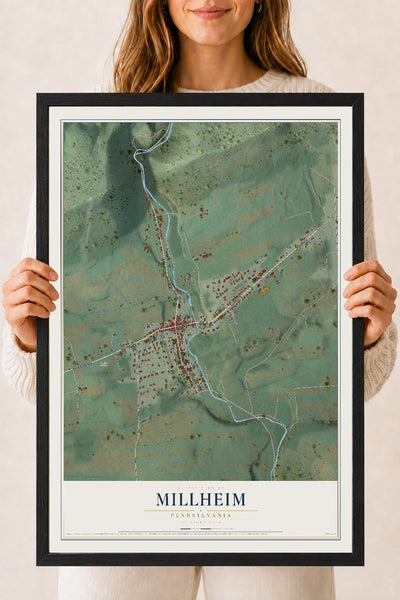 Map of Millheim, Pennsylvania, 18 x 24 inch print in a black wood frame