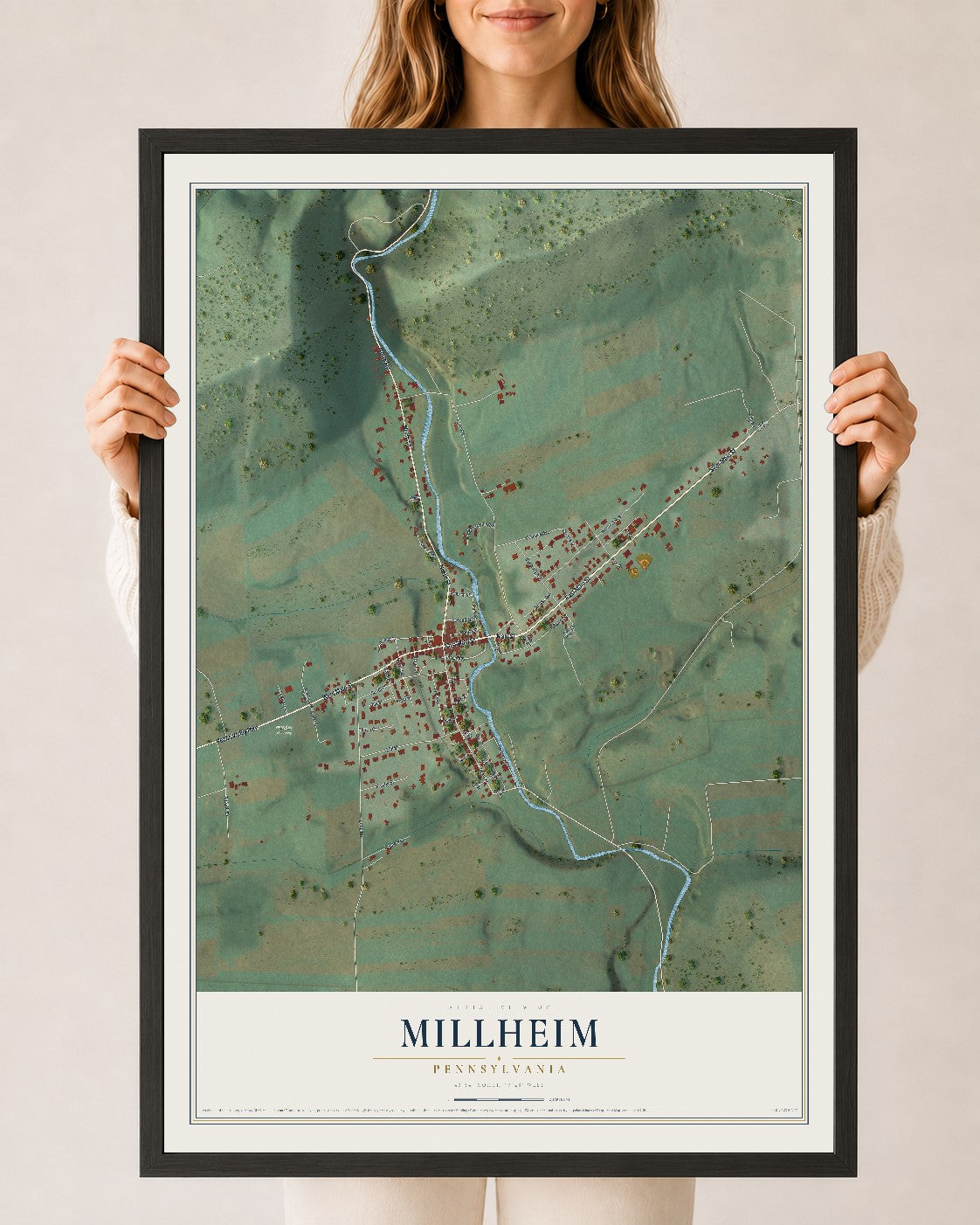 Map of Millheim, Pennsylvania, 24 x 36 inch print in a black wood frame