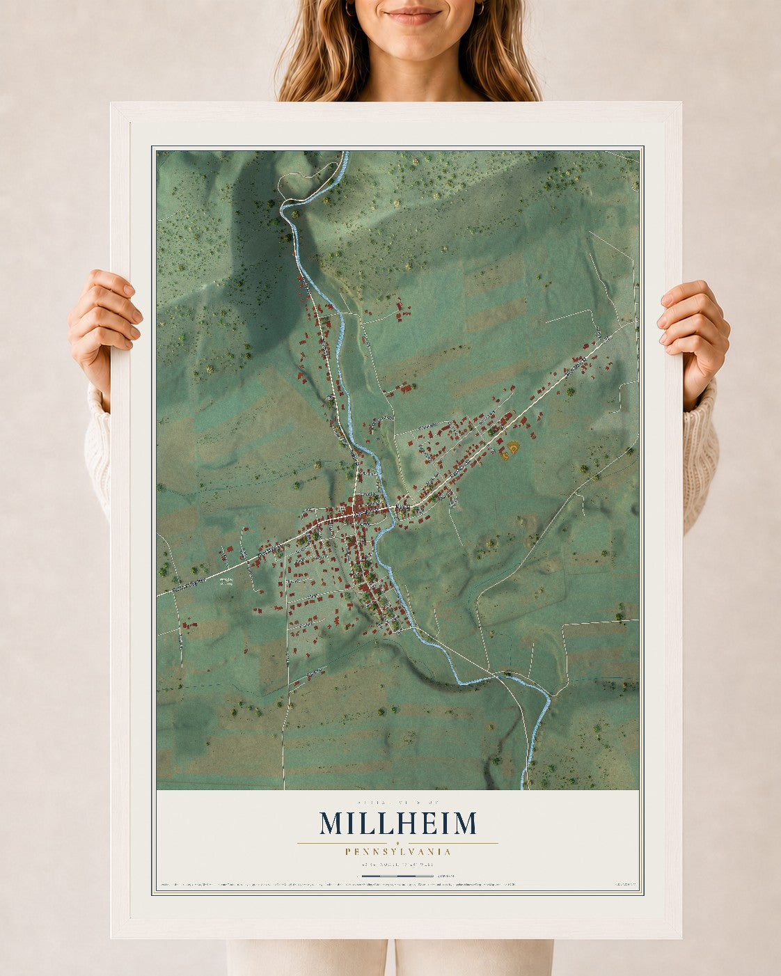 Map of Millheim, Pennsylvania, 24 x 36 inch print in a white wood frame