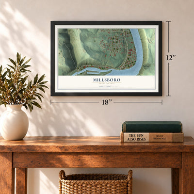 Millsboro, Pennsylvania map, 12 x 18 inch print in a black frame in an entryway