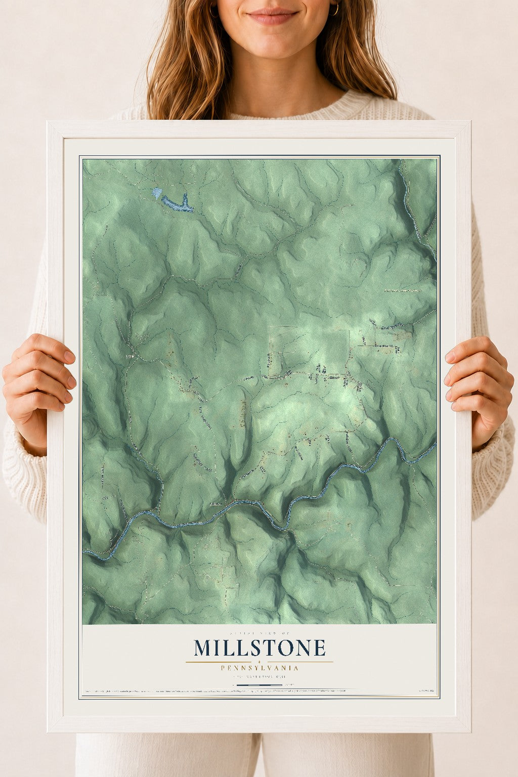 Map of Millstone, Pennsylvania, 18 x 24 inch print in a white wood frame