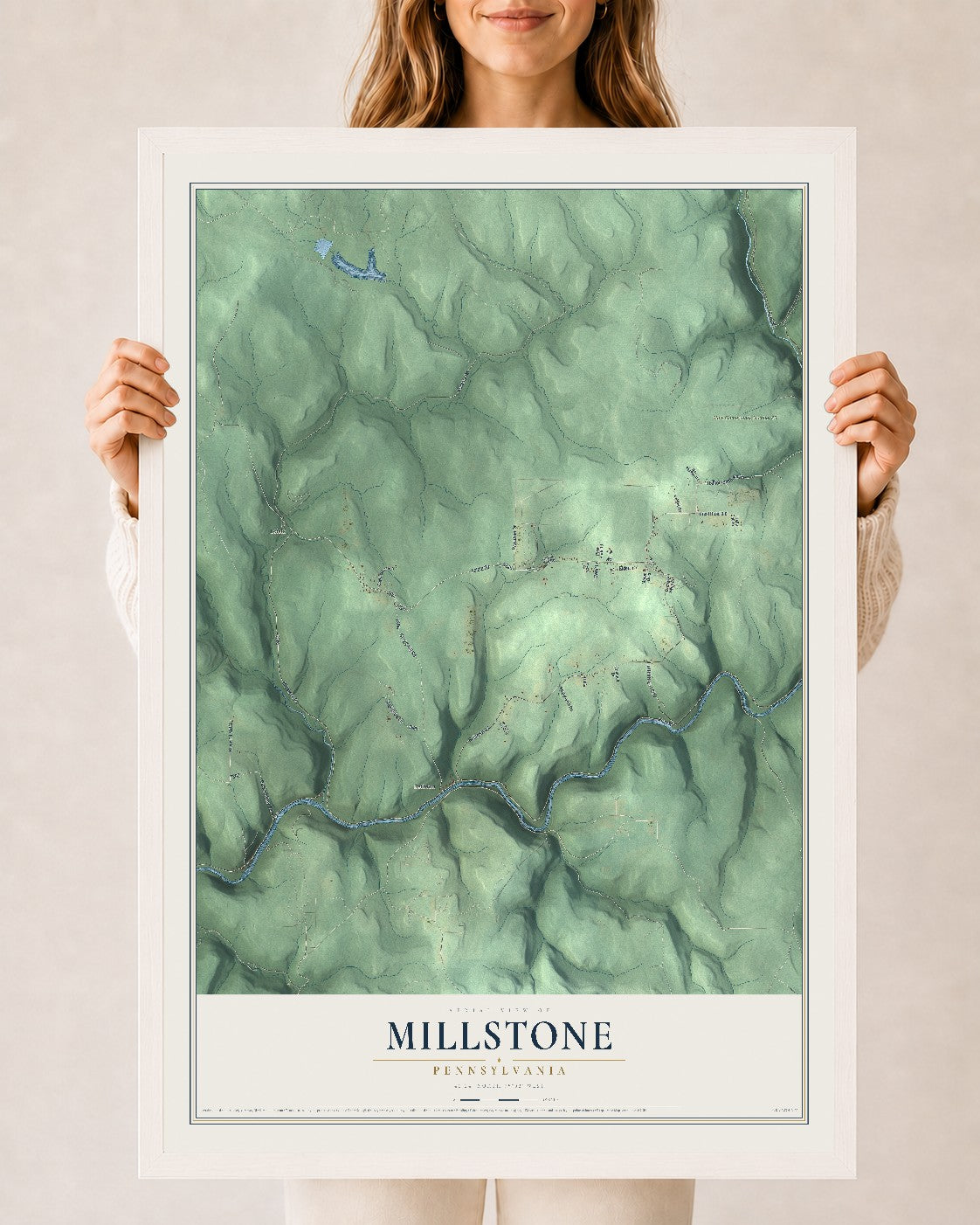 Map of Millstone, Pennsylvania, 24 x 36 inch print in a white wood frame