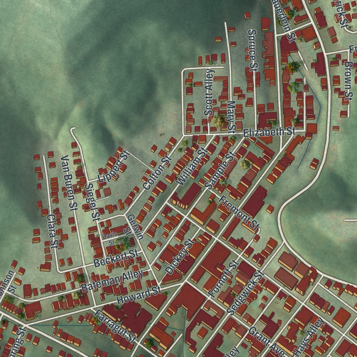 Second close-up of the map of Millvale, Pennsylvania print showing more streets and buildings