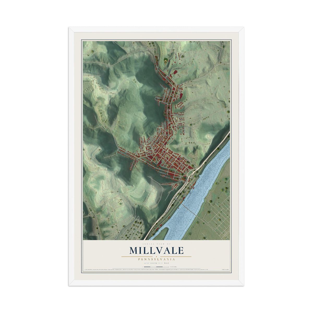 Map of Millvale, Pennsylvania, 12 x 18 inch print in a white wood frame