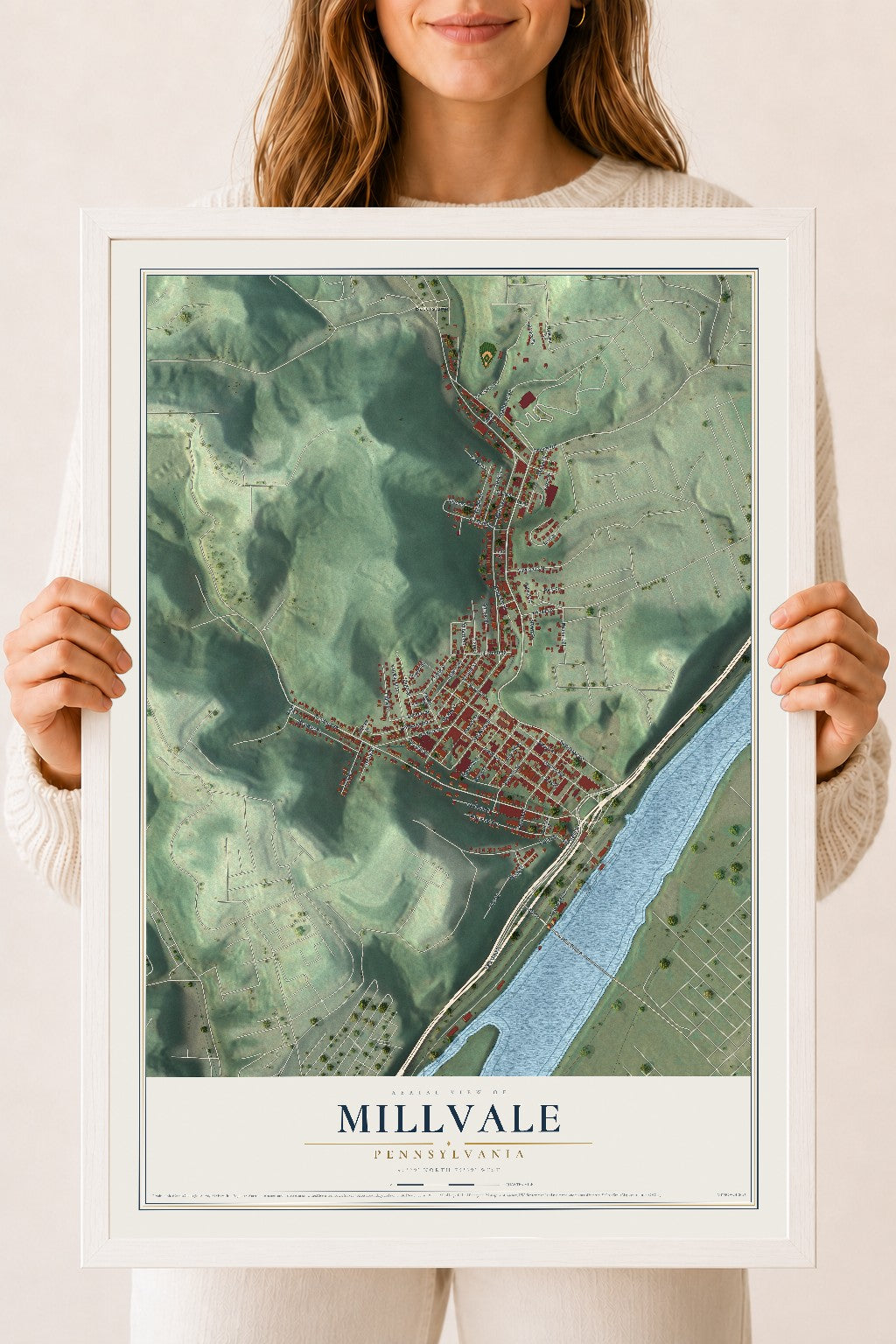 Map of Millvale, Pennsylvania, 18 x 24 inch print in a white wood frame