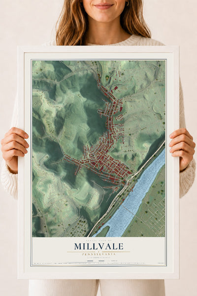 Map of Millvale, Pennsylvania, 18 x 24 inch print in a white wood frame