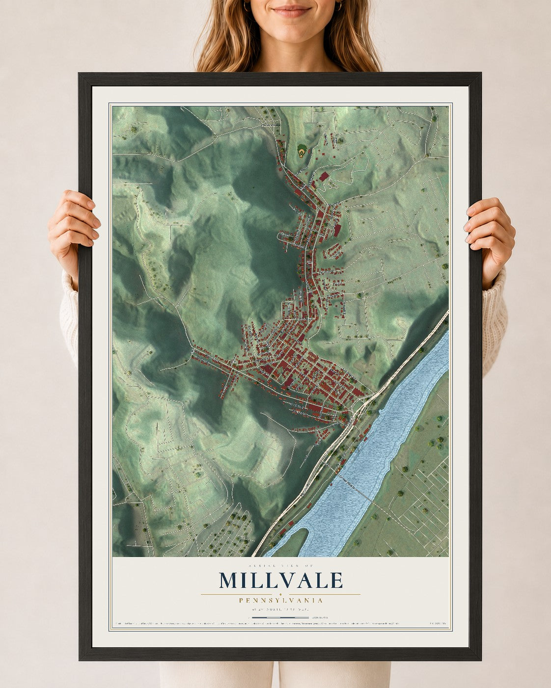Map of Millvale, Pennsylvania, 24 x 36 inch print in a black wood frame