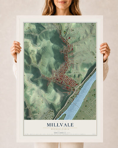 Map of Millvale, Pennsylvania, 24 x 36 inch print in a white wood frame