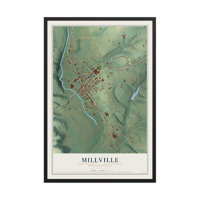 Map of Millville, Pennsylvania, 12 x 18 inch print in a black wood frame