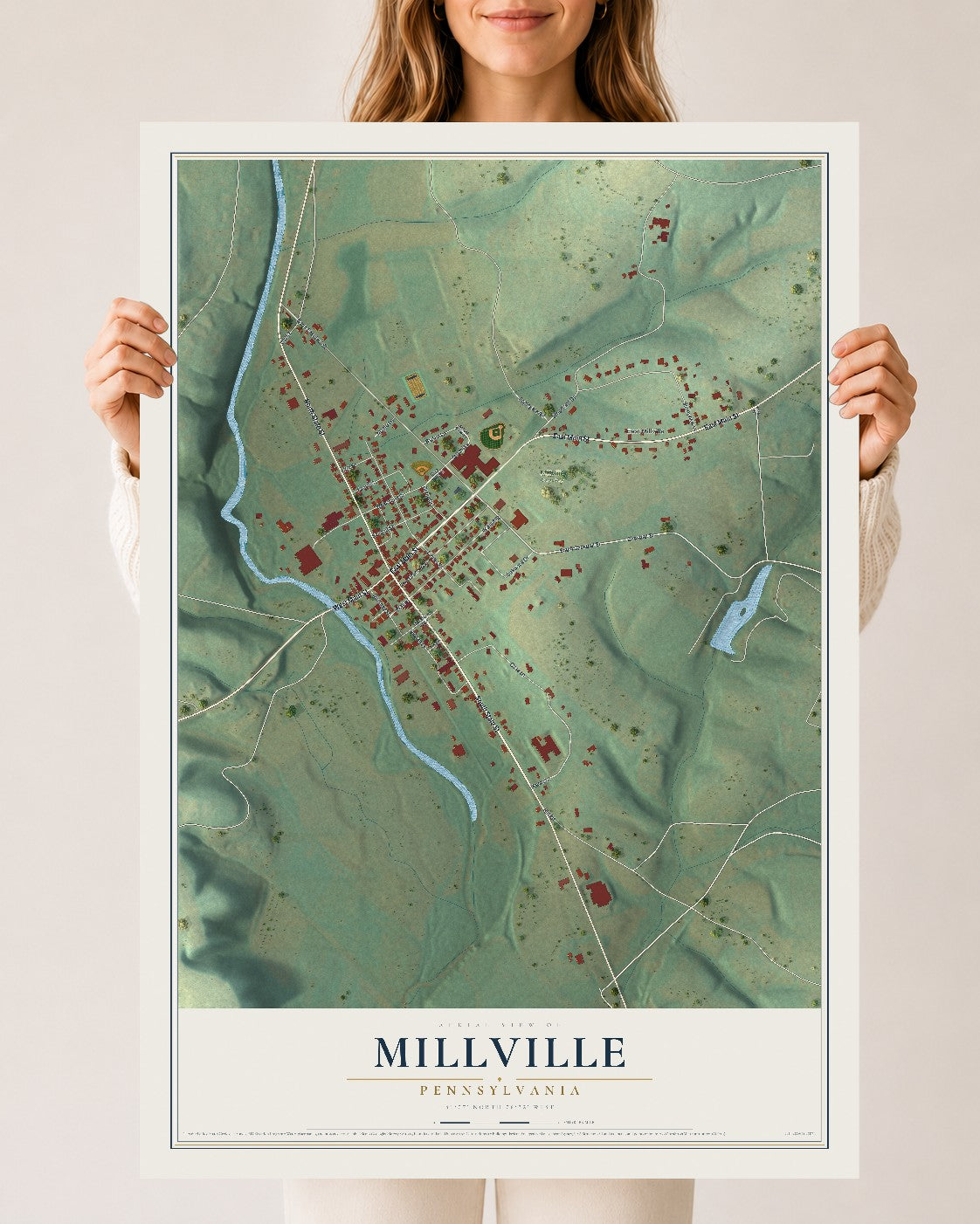 Map of Millville, Pennsylvania, 24 x 36 inch unframed archival matte print