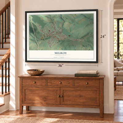 Milroy, Pennsylvania map, 24 x 36 inch print in a black frame above a dresser by a staircase