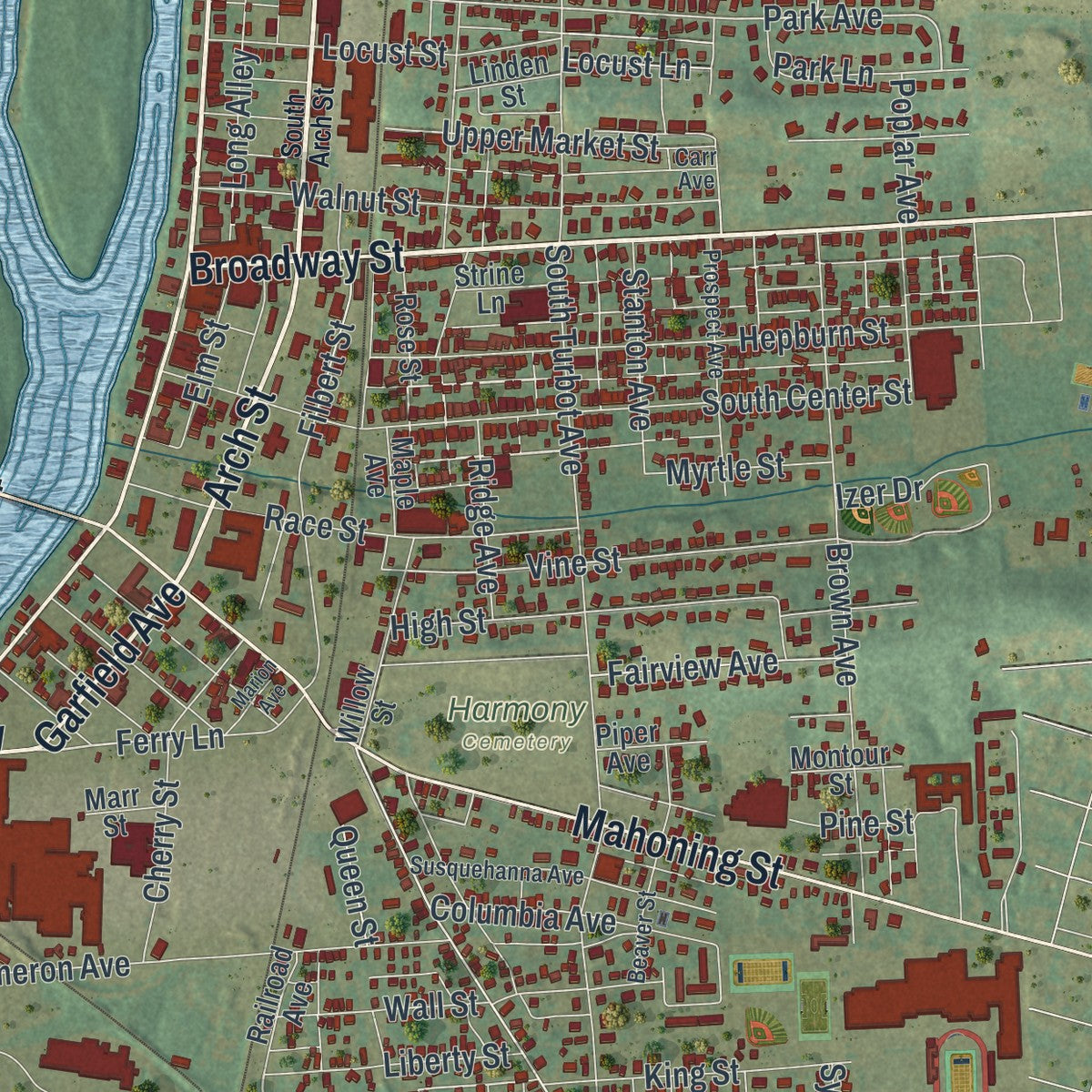 Close-up of the map of Milton, Pennsylvania print showing street and building detail