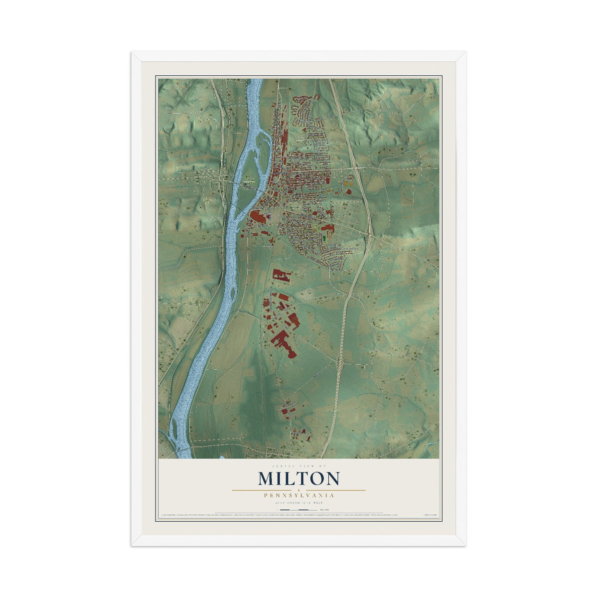 Map of Milton, Pennsylvania, 12 x 18 inch print in a white wood frame